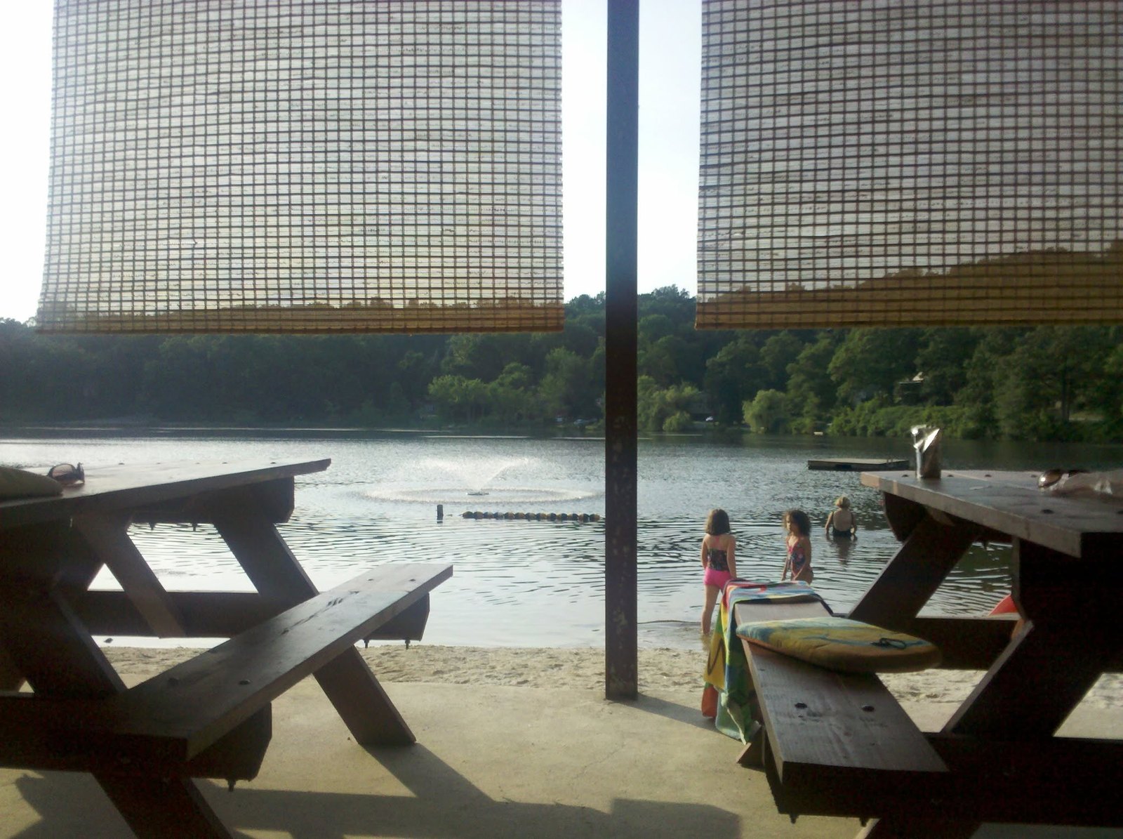 View from the Sparta Lake pavilion across the beach and swimming area